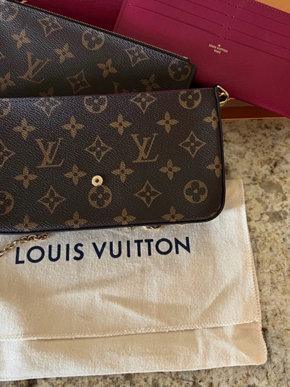Louis Vuitton Pochette Felicie Monogram Canvas Crossbody with Rouge Interior.